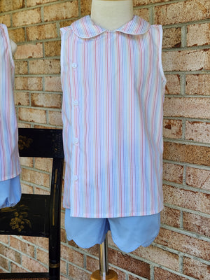 Unisex Summer Stripe Sleevless Top w/ Bloomer, Banded Shorts or Scallop Shorts