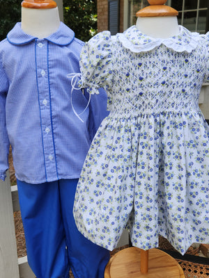 Blue Gingham Button Front Classic Peter Pan Set - Banded/Reg. Shorts or Bloomer/Reg. Pants
