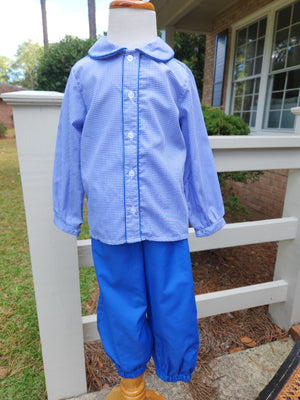 Blue Gingham Button Front Classic Peter Pan Set - Banded/Reg. Shorts or Bloomer/Reg. Pants