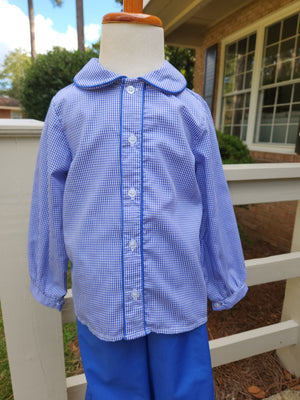 Blue Gingham Button Front Classic Peter Pan Set - Banded/Reg. Shorts or Bloomer/Reg. Pants