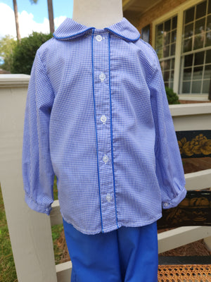 Blue Gingham Button Front Classic Peter Pan Set - Banded/Reg. Shorts or Bloomer/Reg. Pants