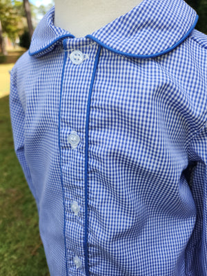 Blue Gingham Button Front Classic Peter Pan Set - Banded/Reg. Shorts or Bloomer/Reg. Pants