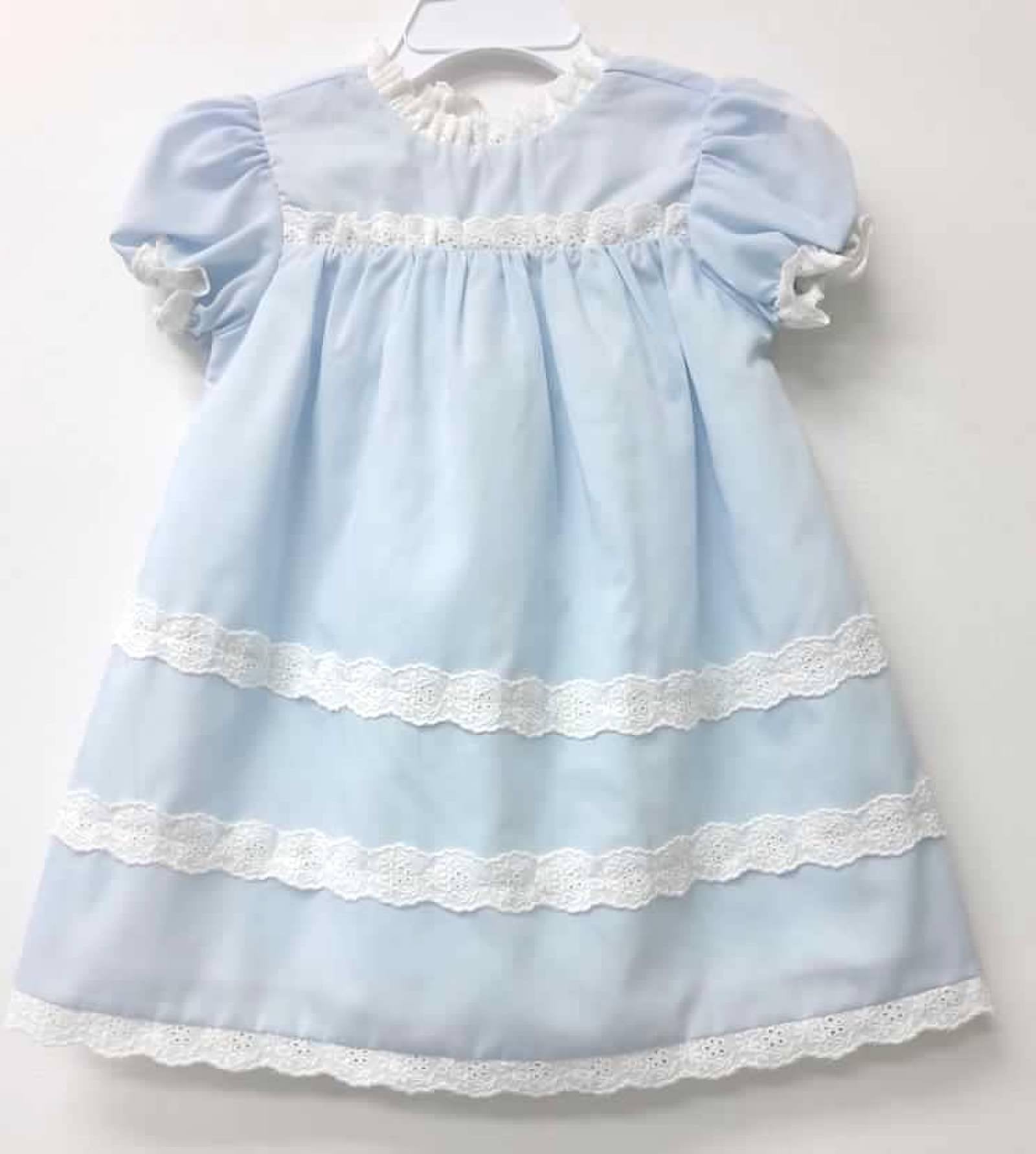 Girl Light Blue Batiste with White Lace Heirloom Dress