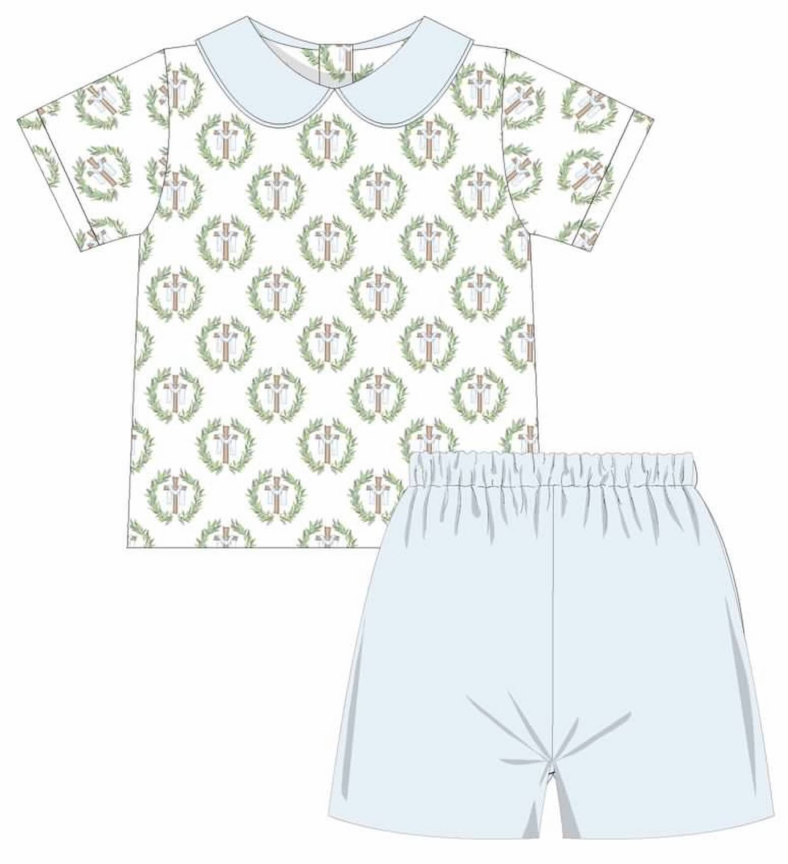 Boy Short Sleeve Cross Peter Pan Top with Regular Lt Blue Shorts