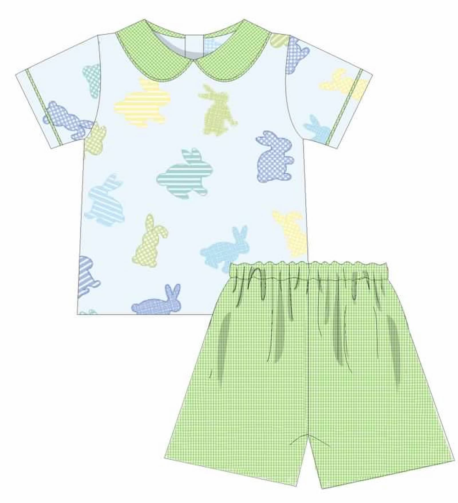 Boy Short Sleeve Bunny Peter Pan Top with Regular Green Gingham Shorts