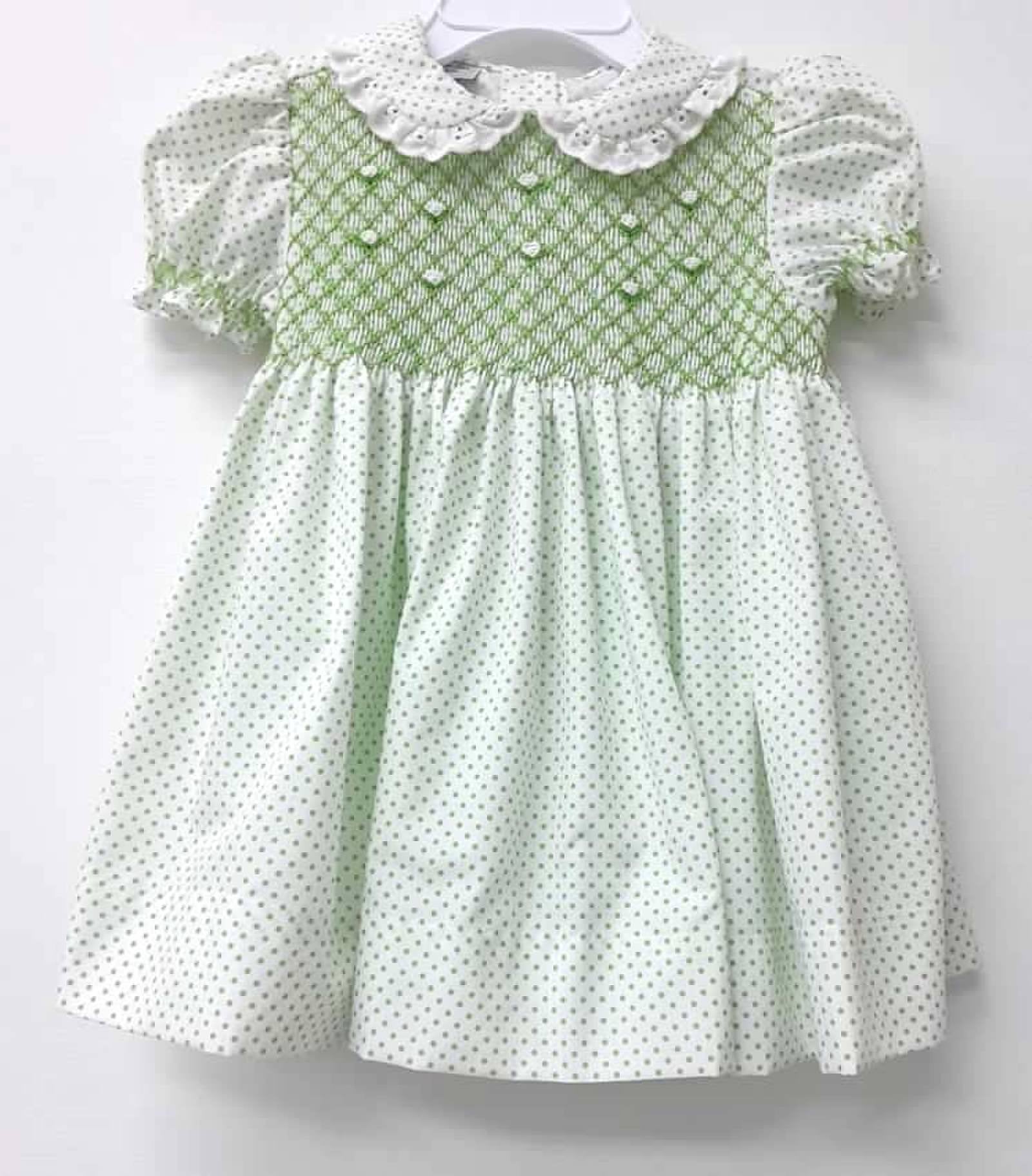 Girl Short Sleeve Green Dot Full Smocked Dress