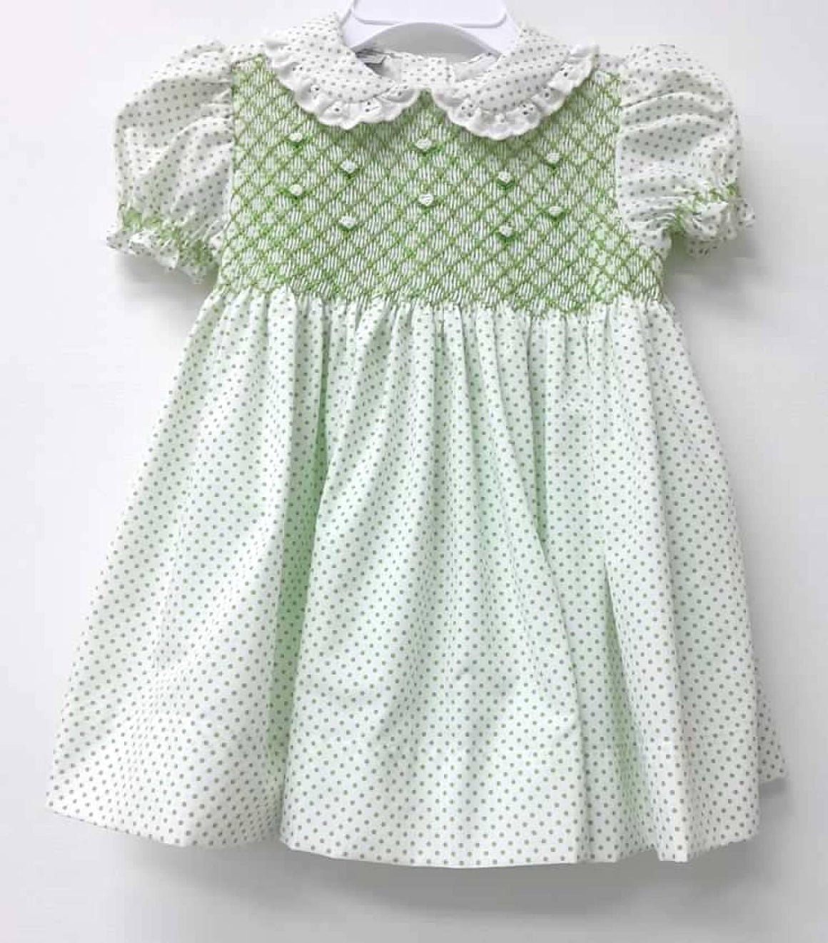 Girl Short Sleeve Green Dot Full Smocked Dress