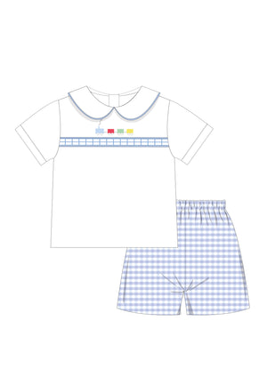 PREORDER LITTLE TRAIN Smock Collection - SS Flat Front Peter Pan Top w/ Banded or RegularShorts