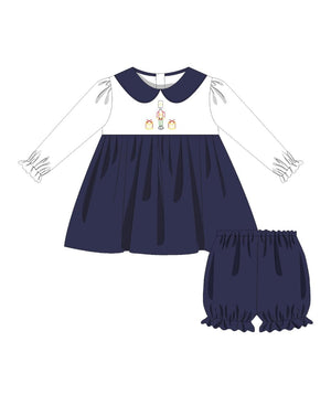 Girls Dress or Bloomer Set in the Navy Girls Embroidery Collection
