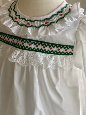 Classic White Smocked Christmas Dress  (bloomer small sizes)